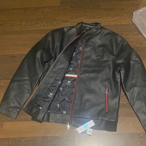 Tom Ford Men's Black Leather Bomber Jacket with Red Zipper by Unknown Brand